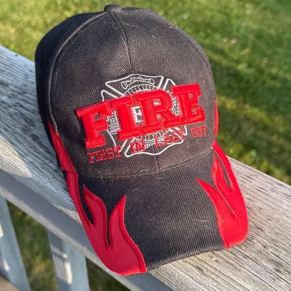 Unbranded Other - Fire First In Last Out Firefighter Hat Black Red Flame Baseball Cap Adjustable